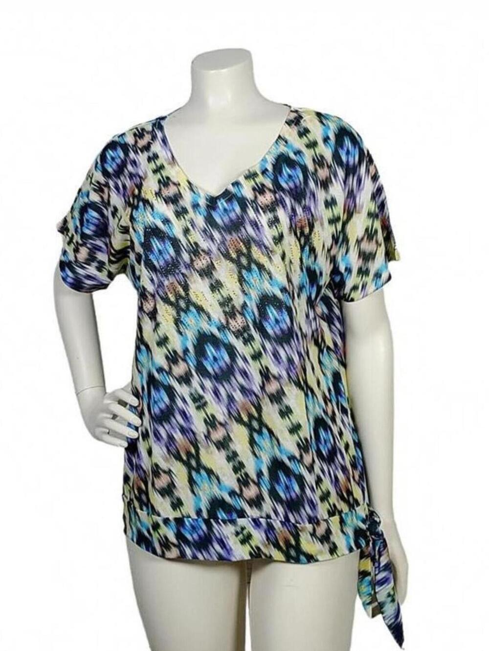New Chico’s Colorful Animal Print Top Sz 1 Bling V Neck Short Sleeve Tie Hem S M